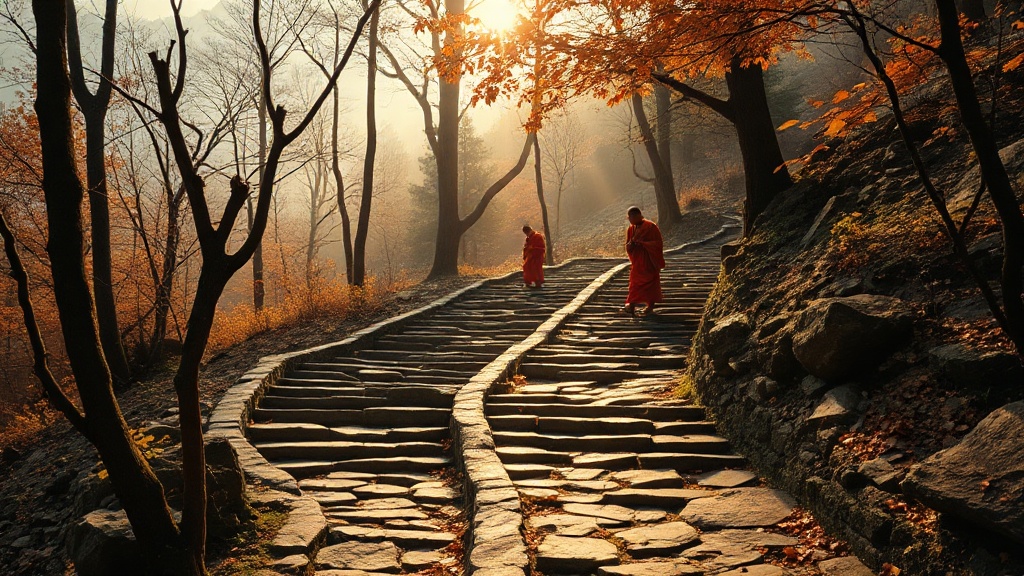Sentier de pierre sur le mont Emei dans le Sichuan, entouré d'une forêt ancienne dans une lumière dorée d'automne
