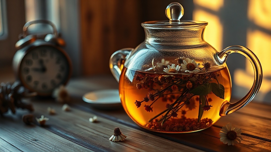 Théière en verre avec infusion de tilleul et camomille pour le soir