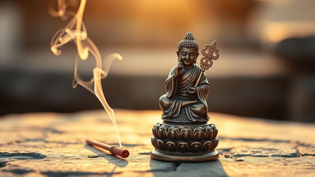 Buddhist Ksitigarbha monk statue holding a ringed staff and wish-fulfilling jewel on a stone altar