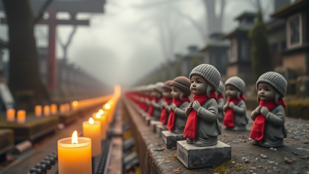 Rows of small stone Jizo statues wearing red bibs at a Japanese cemetery in soft morning mist