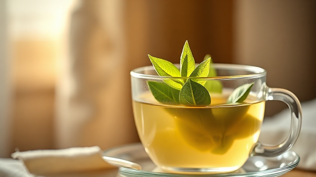 Feuilles de thé vert qui s'ouvrent dans une tasse en verre au contenu vert pâle