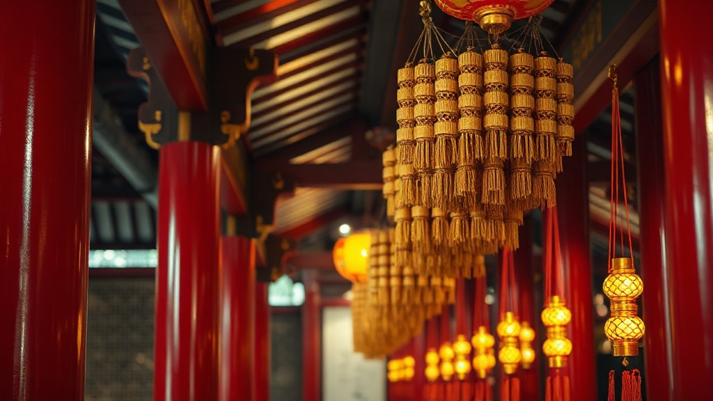 Détail d'un plafond de temple bouddhiste chinois avec des spirales d'encens suspendues et des piliers laqués rouge