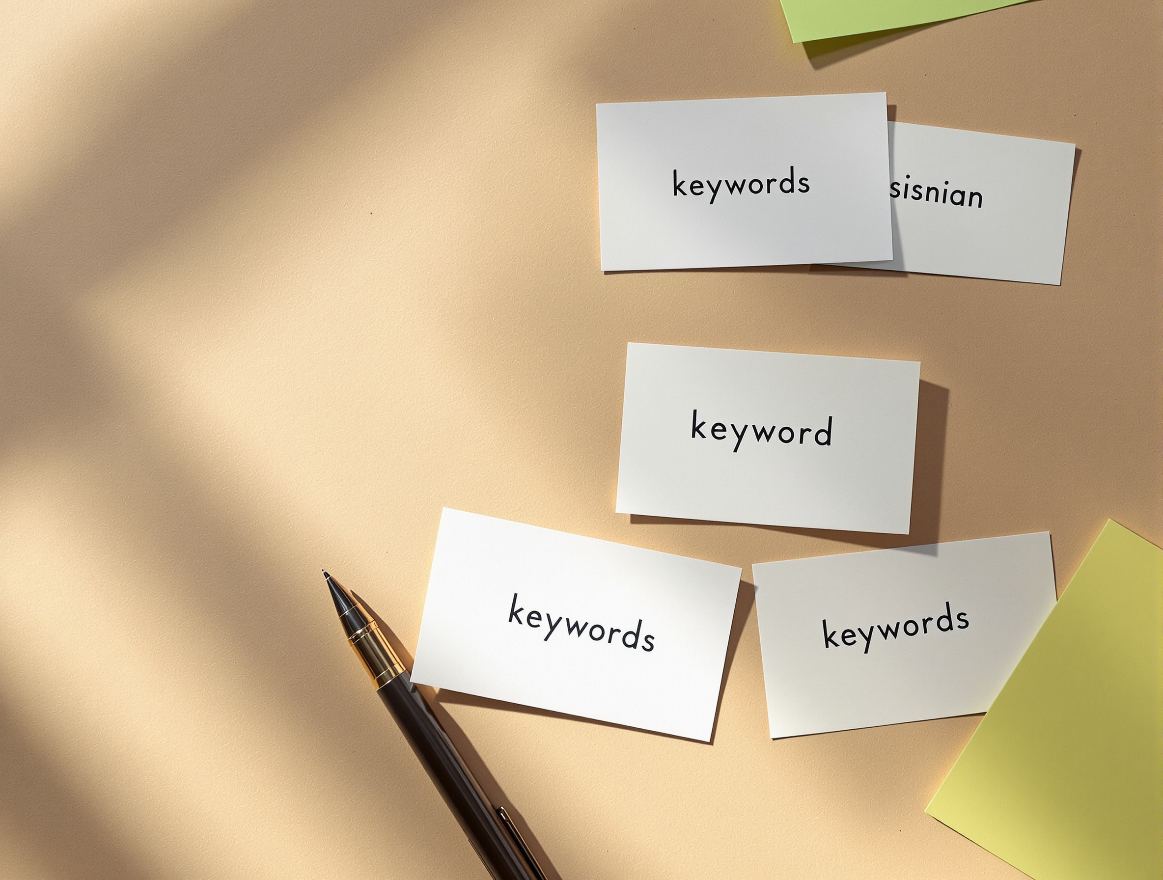 Scattered index cards with keywords, representing traditional keyword targeting.