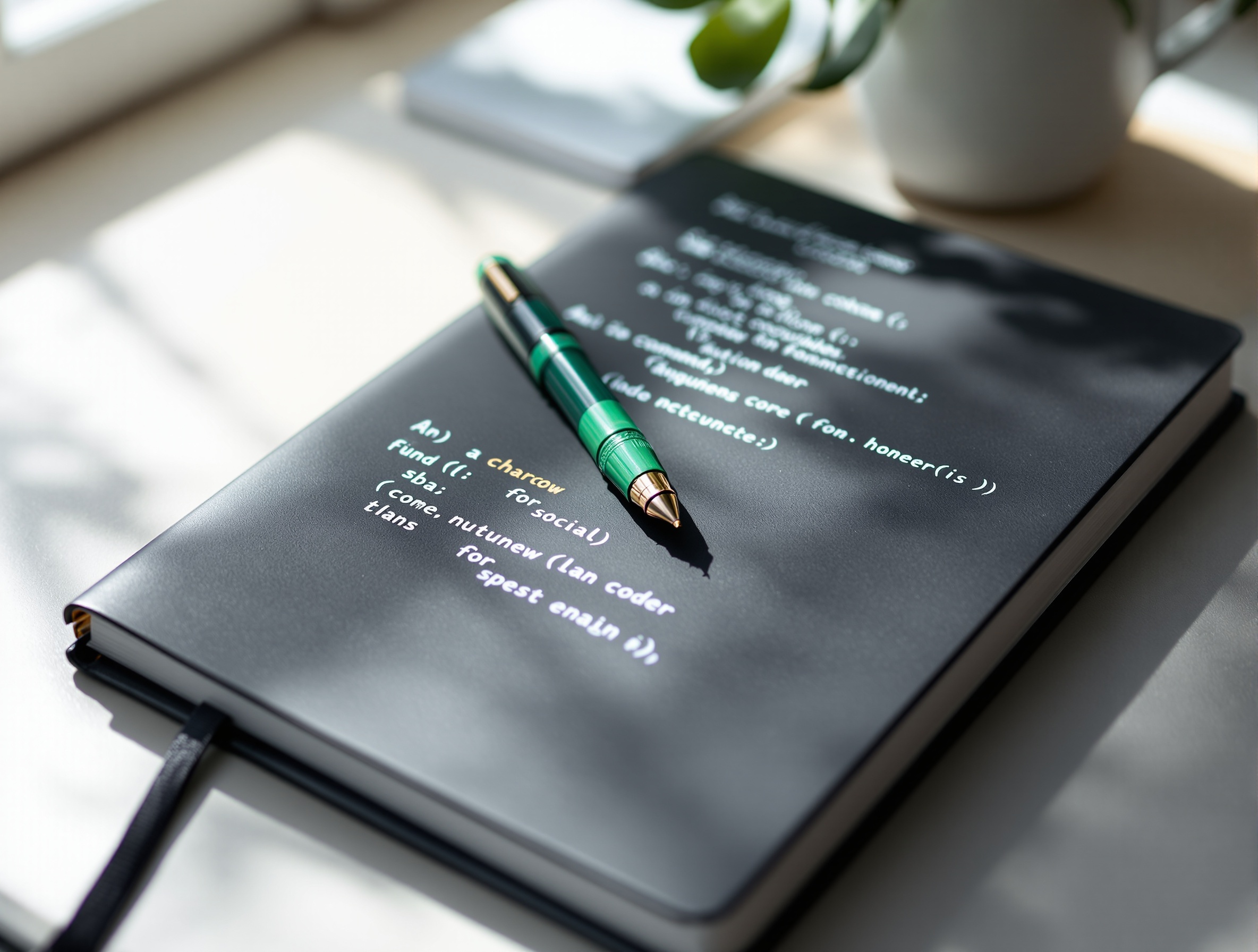 Notebook with code snippets and a green pen