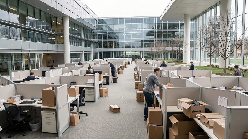 Photojournalistic image of Oracle corporate campus with empty office cubicles and employees packing boxes during layoffs, neutral business p