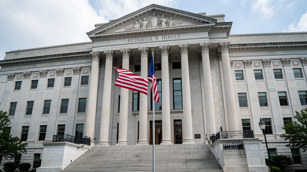 Photojournalistic image of Federal Reserve building exterior with American flag in front, serious financial journalism style, no text, 16:9