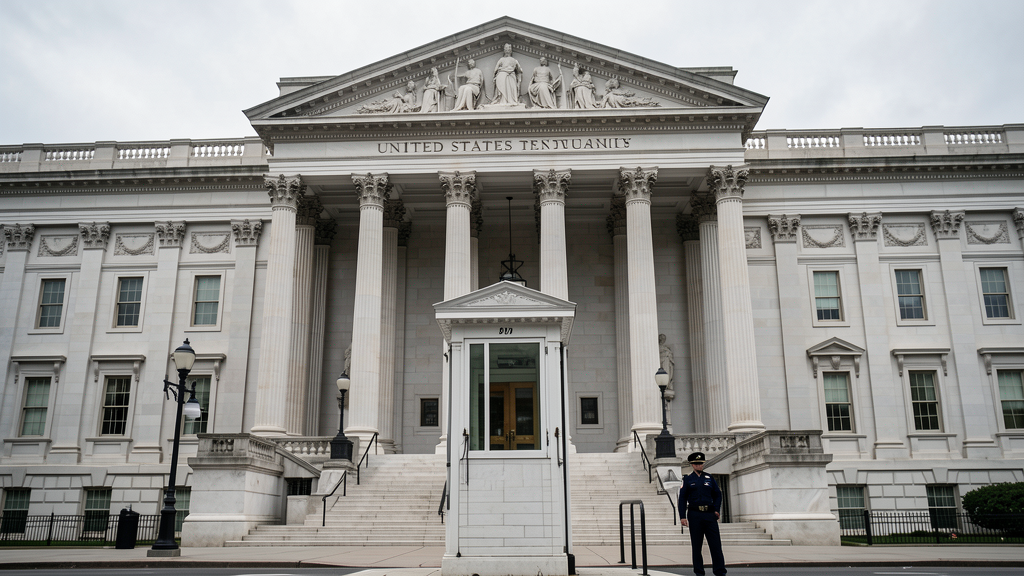 Photojournalistic image of United States Treasury building with security guard booth, serious financial journalism style, no text, 16:9