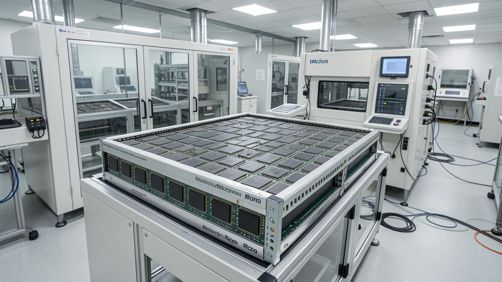 Photojournalistic image of Micron memory chip packaging and clean room technology facility, neutral documentary style, no text, 16:9