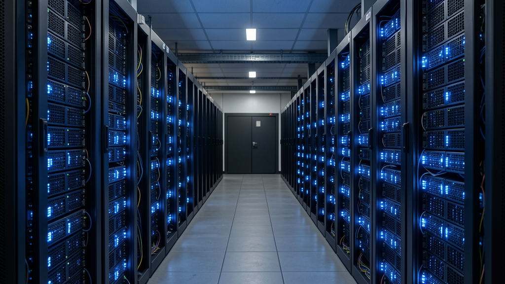 Photojournalistic image of Solana blockchain network nodes glowing blue on server racks in dark data center, neutral tech documentary style,