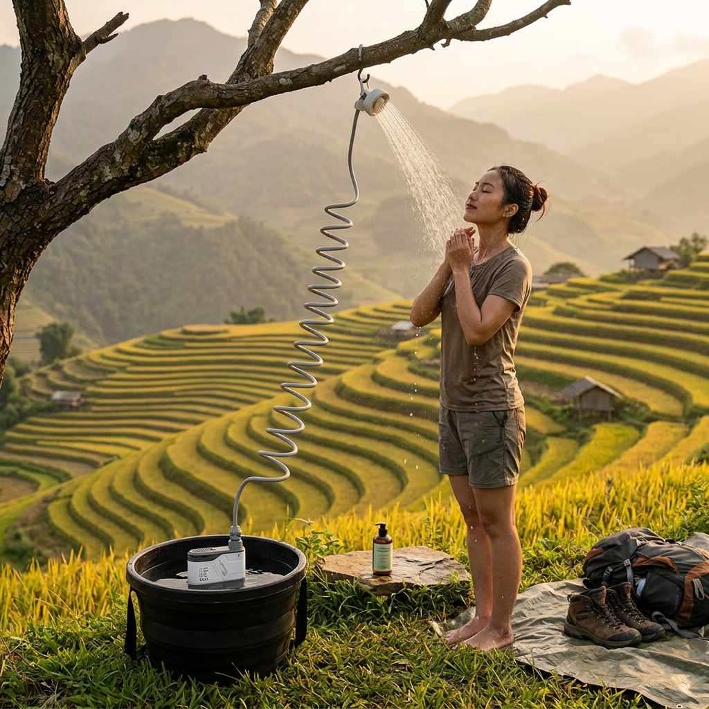 Setup Flextail Max Shower với xô nước - tắm ngoài trời view ruộng bậc thang Sapa - ProCamping.vn