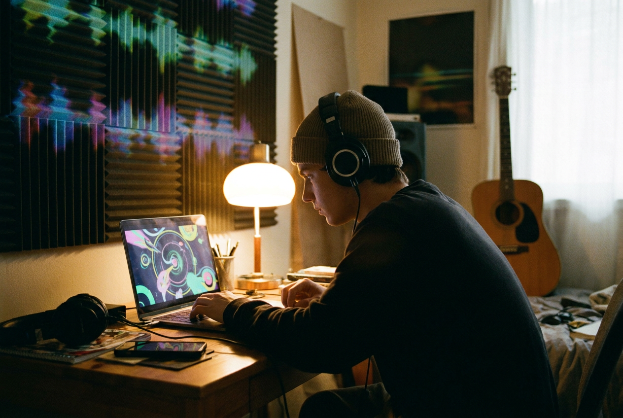alt text: Independent musician creating an AI music video on a laptop