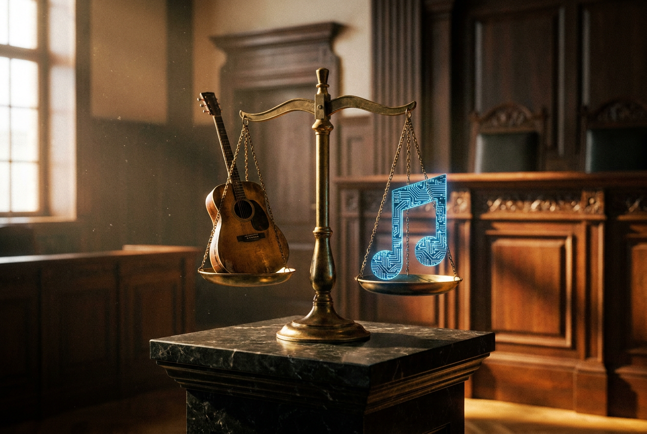 alt text: Scales of justice balancing a guitar and a glowing AI chip