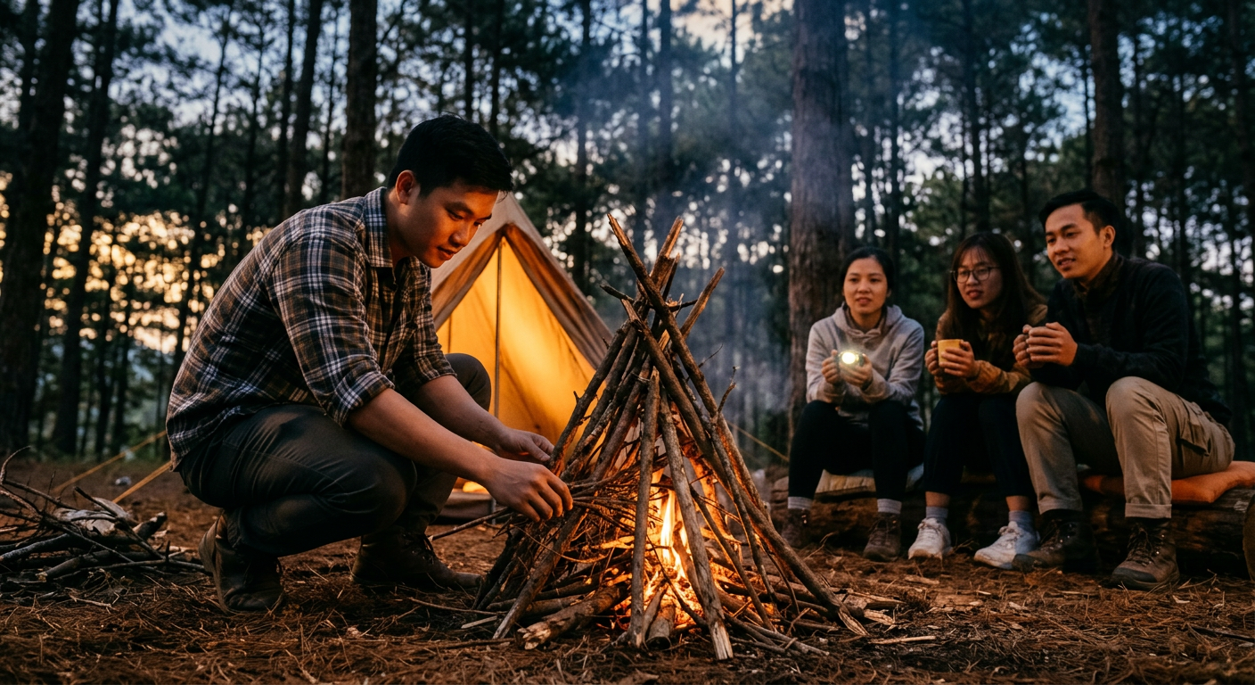 Cách nhóm lửa trại đúng cách - kỹ thuật xếp củi teepee cắm trại Đà Lạt - ProCamping.vn