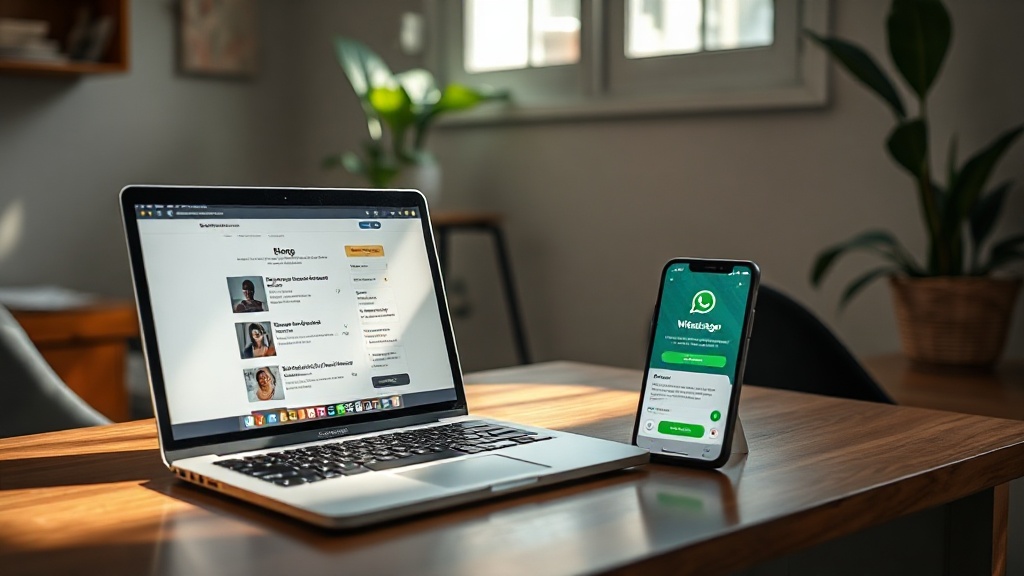 Profissional em consultório usando notebook com blog aberto e botão de WhatsApp em destaque na tela.