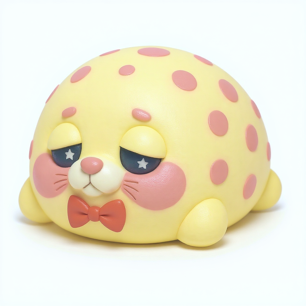 Buttersnooze — Buttersnooze is a rounded yellow seal with playful teal dots and a cheerful little red bow tie.