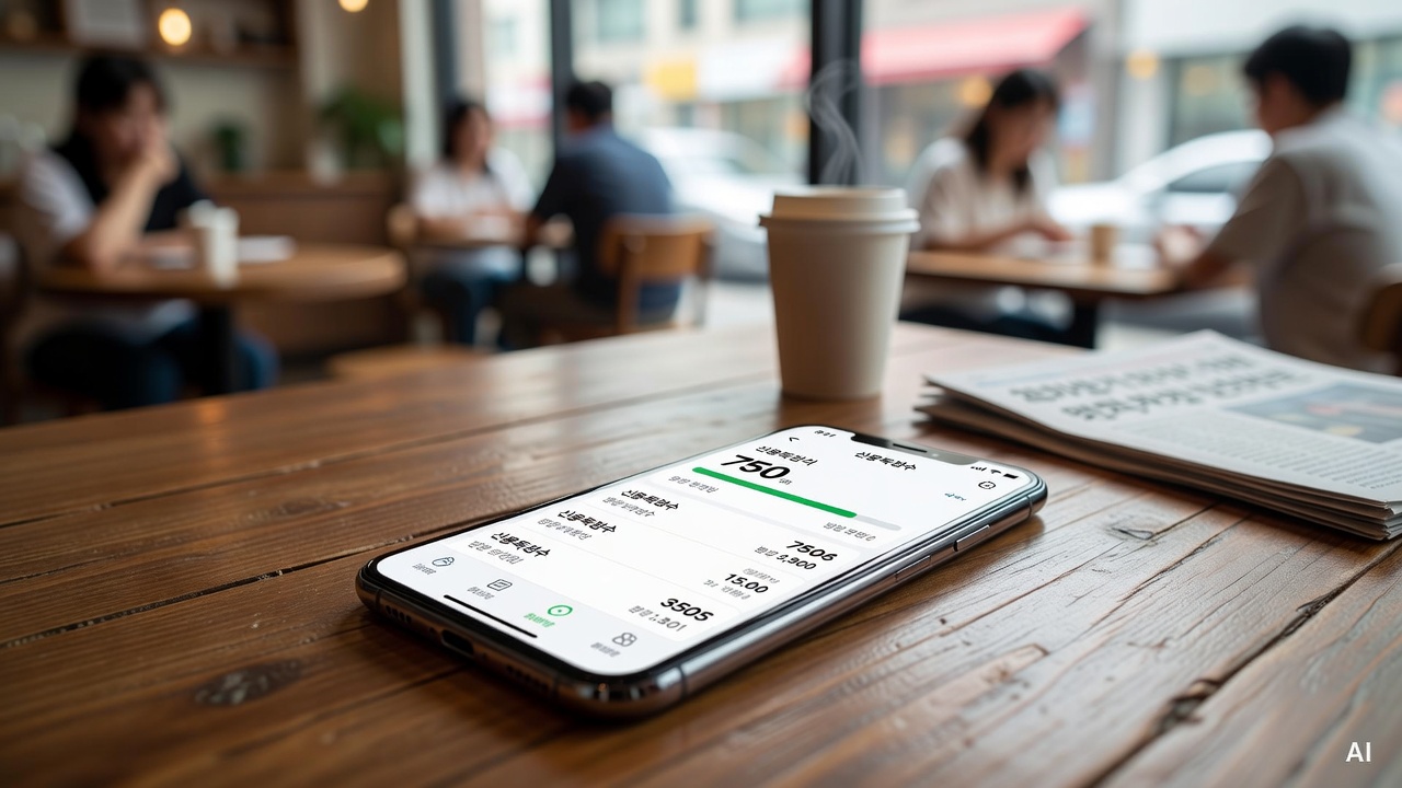 smartphone screen showing financial app with credit score on a wooden table