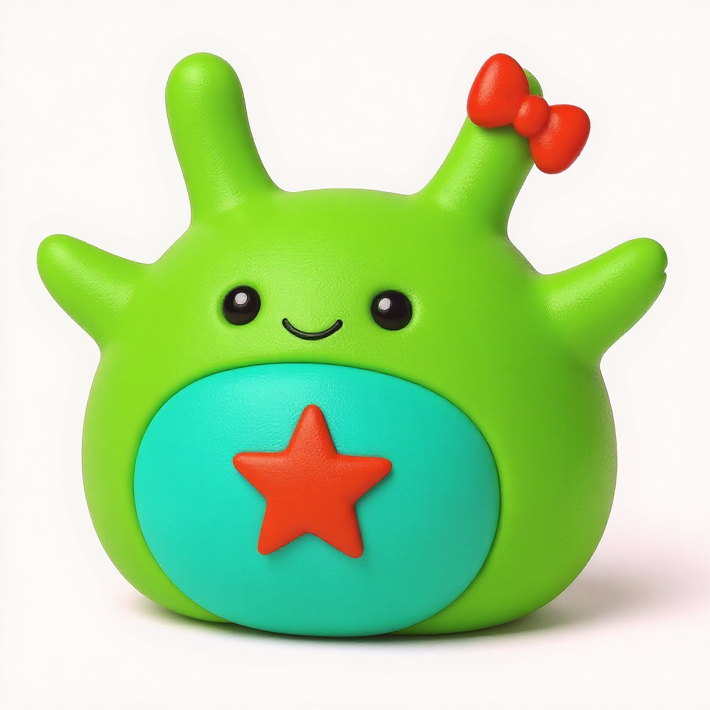 Bowbug Bog — Bowbug Bog is a huggable green monster with a teal belly, a wobbly antenna, and a bright red star.