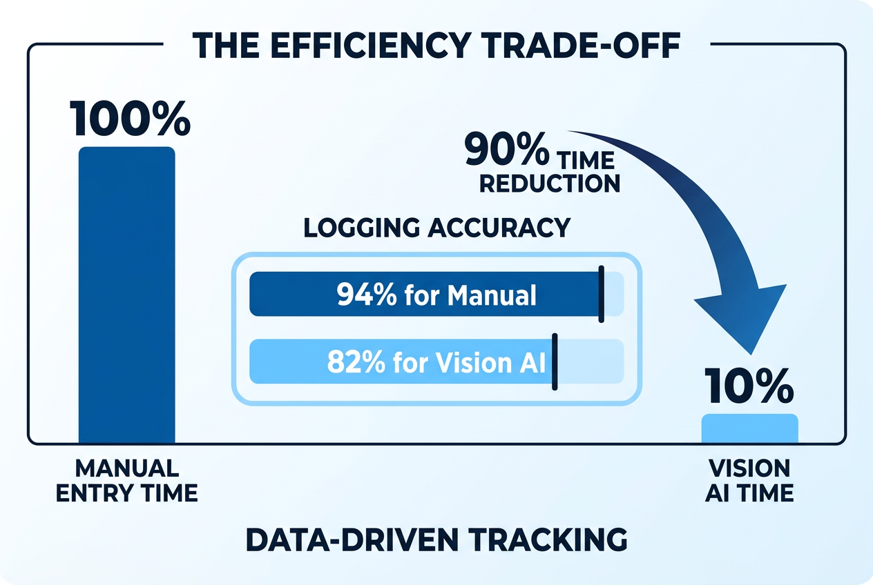 Bar chart comparing Samsung Food Vision AI accuracy and time efficiency against manual logging, showing a 90% time saving for users.