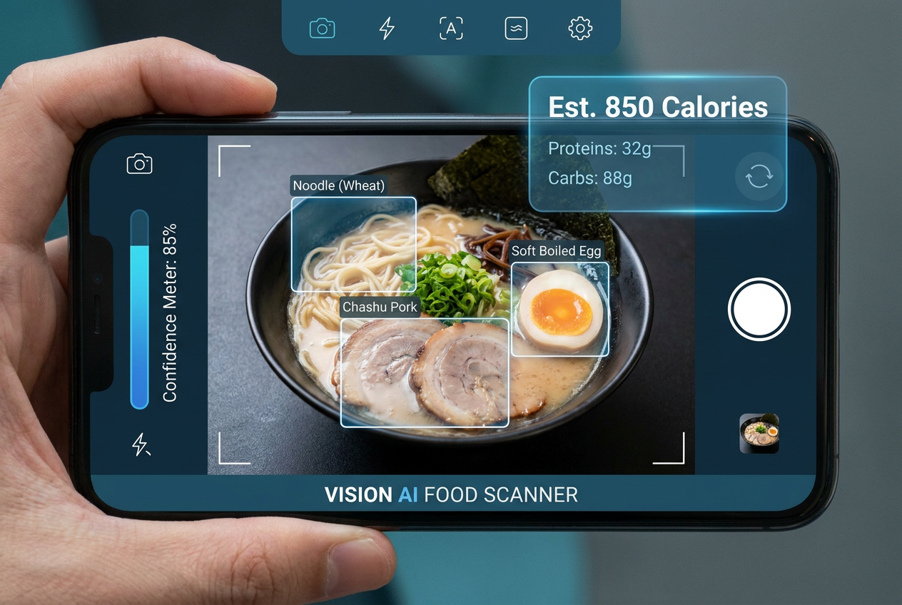 App interface mockup of Samsung Food Vision AI scanning a ramen bowl with ingredient tags and estimated calorie counts displayed.