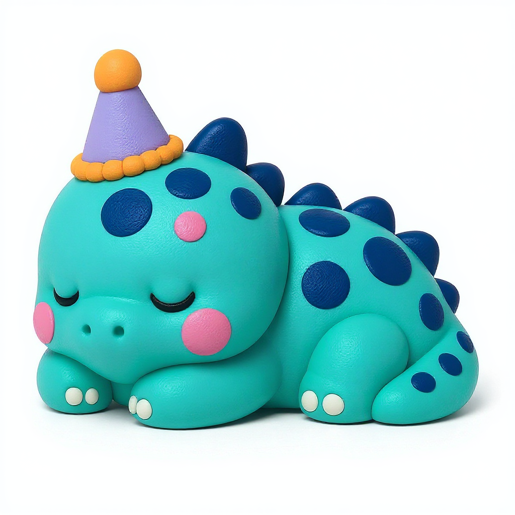 Tealnap Rex — Tealnap Rex is a huggable teal dinosaur with navy dots and a tall, pointy party hat—perfect for cuddles!