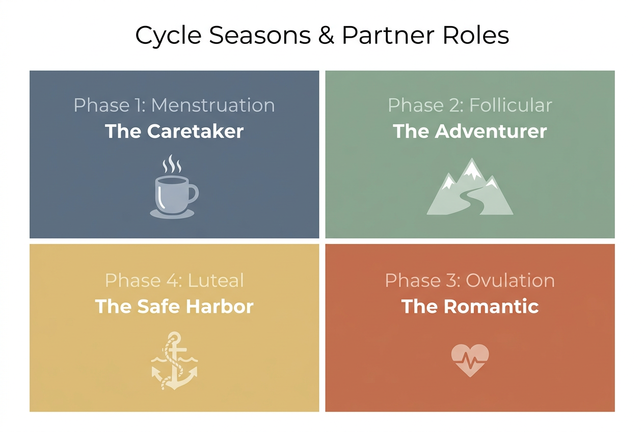 An infographic mapping the four phases of the menstrual cycle to specific partner roles: Caretaker, Adventurer, Romantic, and Safe Harbor.