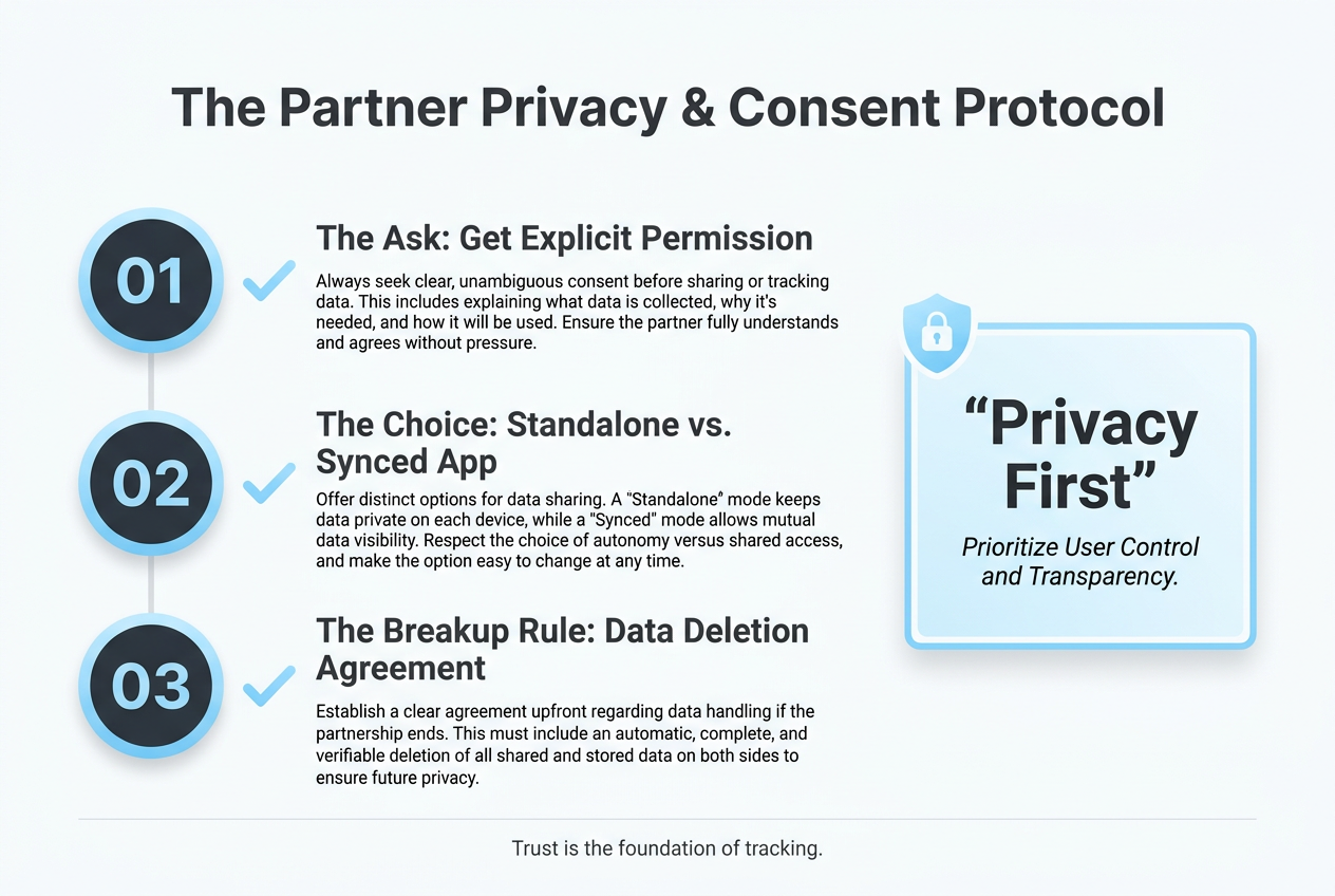 A three-step checklist for ethical cycle tracking, including permission, app choice, and a data-deletion 'breakup rule'.