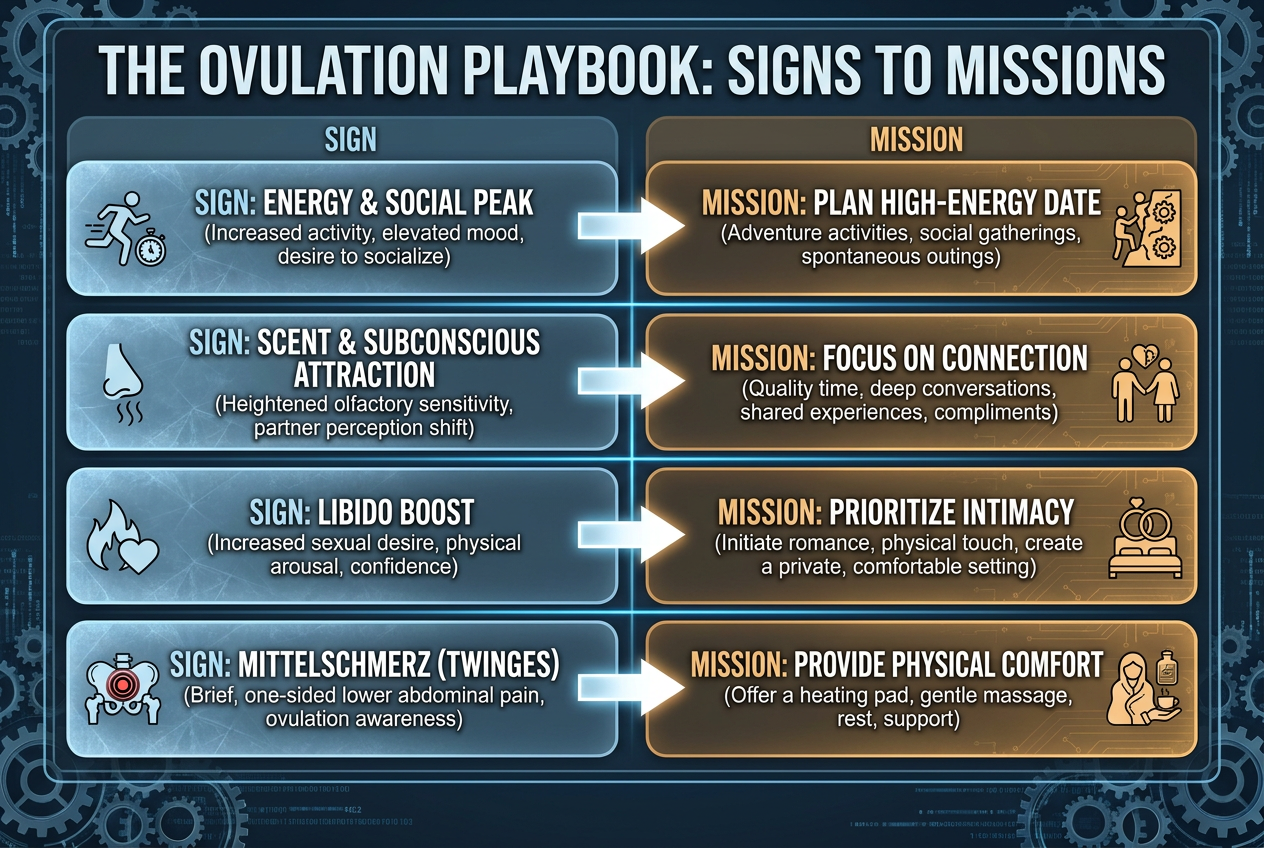 A tactical guide mapping biological ovulation signs like energy peaks and physical twinges to specific partner actions and missions.