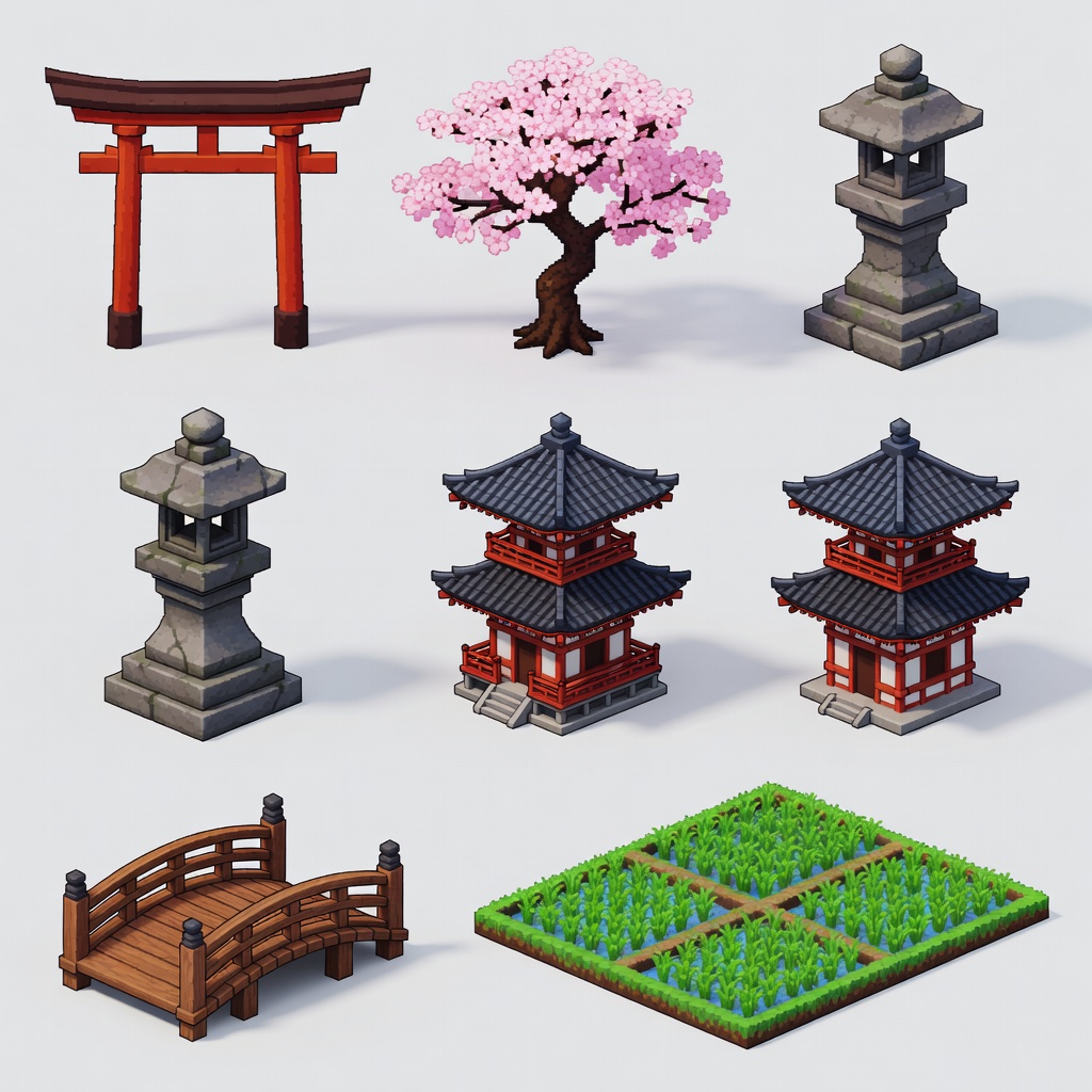 Japanese village pack: torii gate, sakura