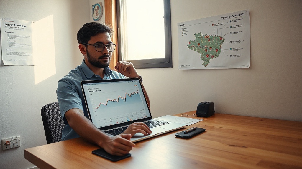 Profissional brasileiro analisando no notebook o desempenho de blog e SEO local em seu consultório.