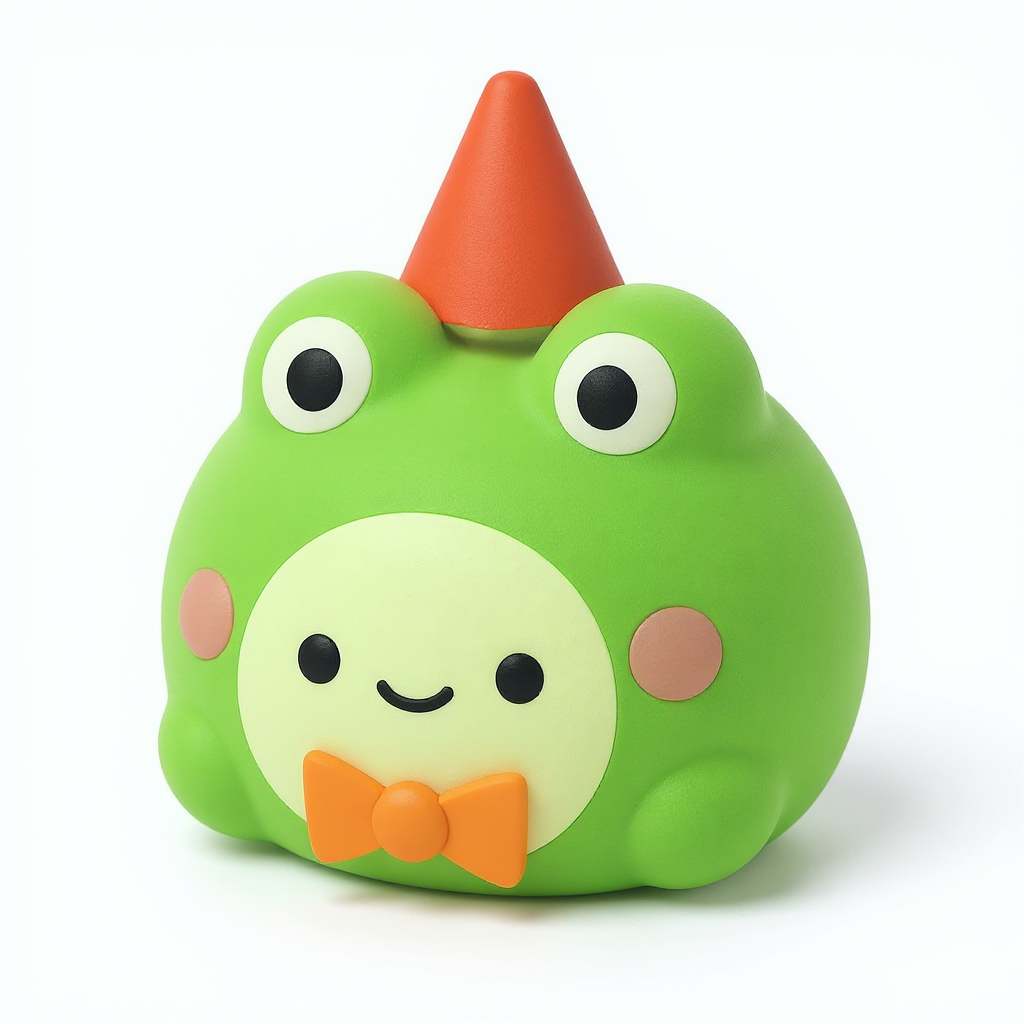 Momo — Momo is a soft, rounded squishy pal with happy heads and a tiny bright red party hat.