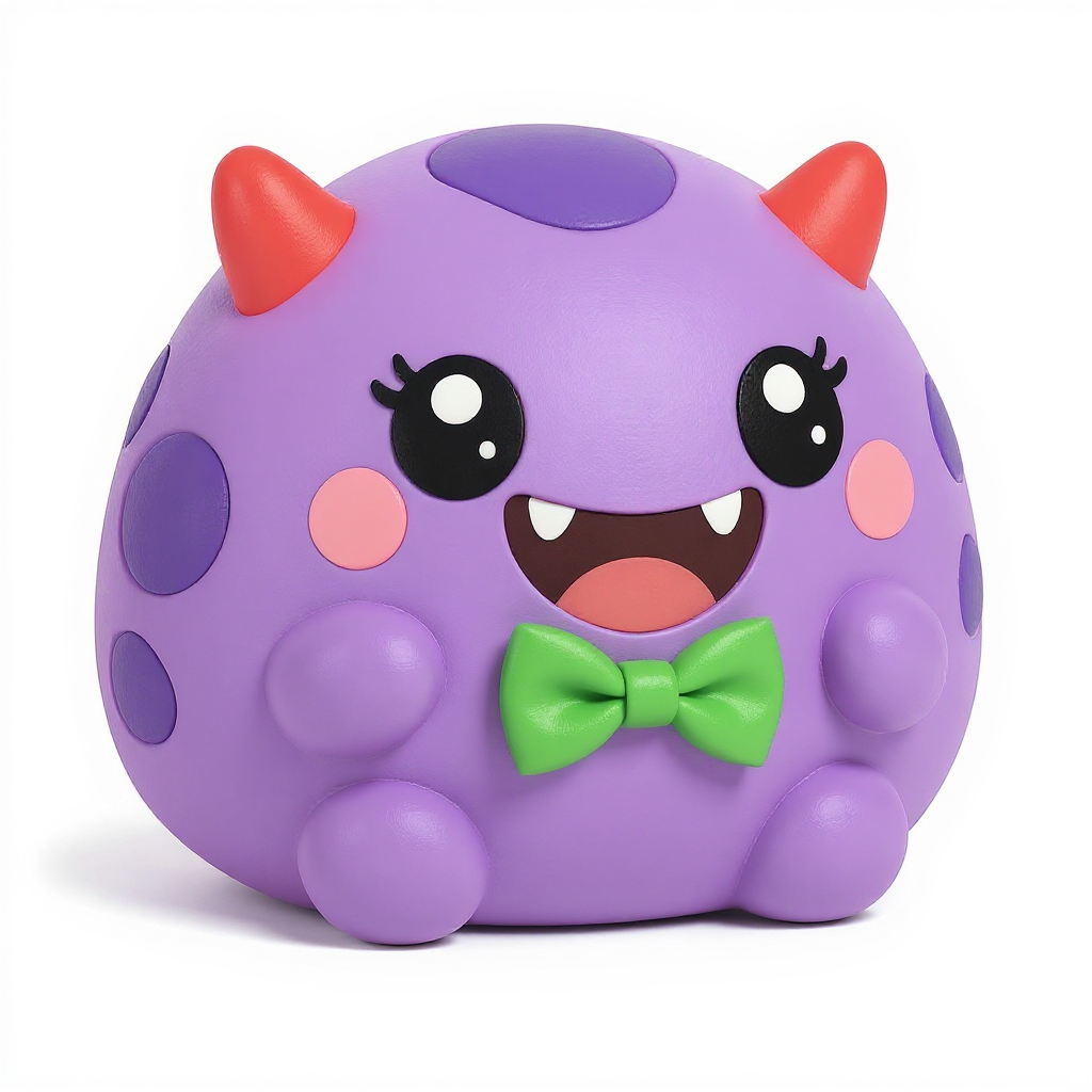 Grinny Horns — Grinny Horns is a squishy red-horned monster, adorably rounded and topped with a cute little green bow tie.
