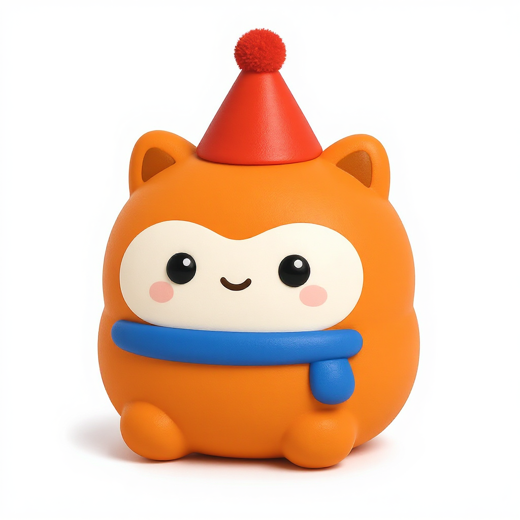 Smooshie — Smooshie is a soft, rounded squishy pal wearing a bright red party hat, perfect for cozy squeezes.