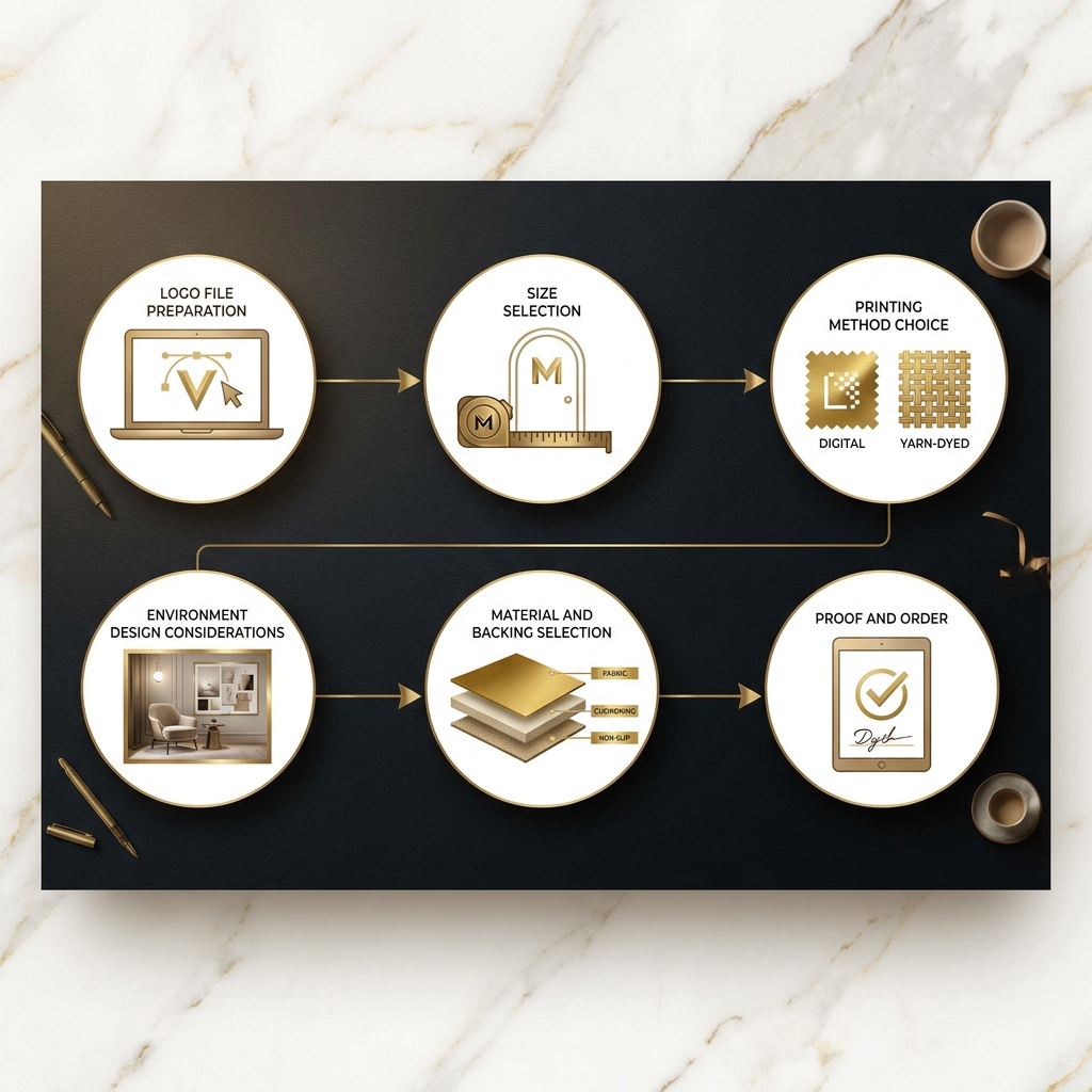 Step-by-step process flow showing the 6 stages of designing a custom logo mat, from file preparation through to final installation
