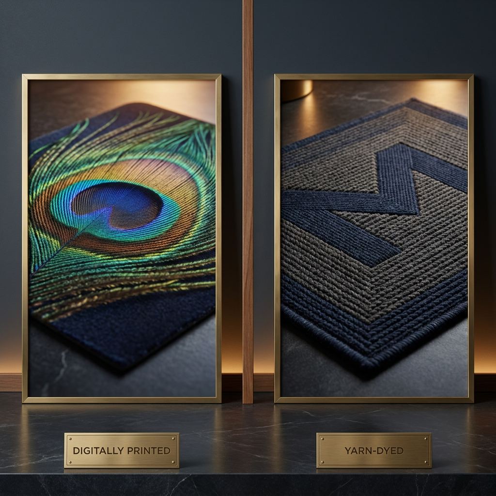 Side-by-side comparison visual of digital print versus yarn-dyed logo mat printing methods, showing texture, color depth, and ideal use cases