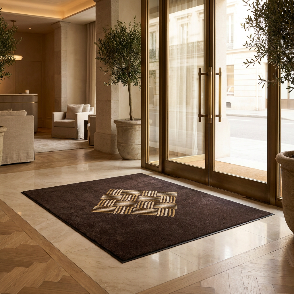 Lifestyle scene of a luxury retail or boutique hotel entrance featuring a beautifully designed custom logo mat as the hero element of a premium brand first impression