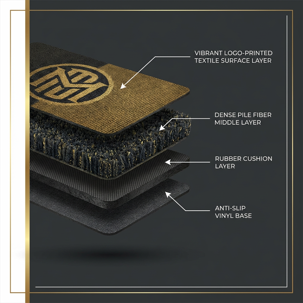 A clean infographic diagram showing the cross-section anatomy of a commercial logo mat, illustrating the layers: printed surface, pile material, rubber backing, and anti-slip base, with callouts showing dirt-trapping capability, moisture absorption, and durability stats