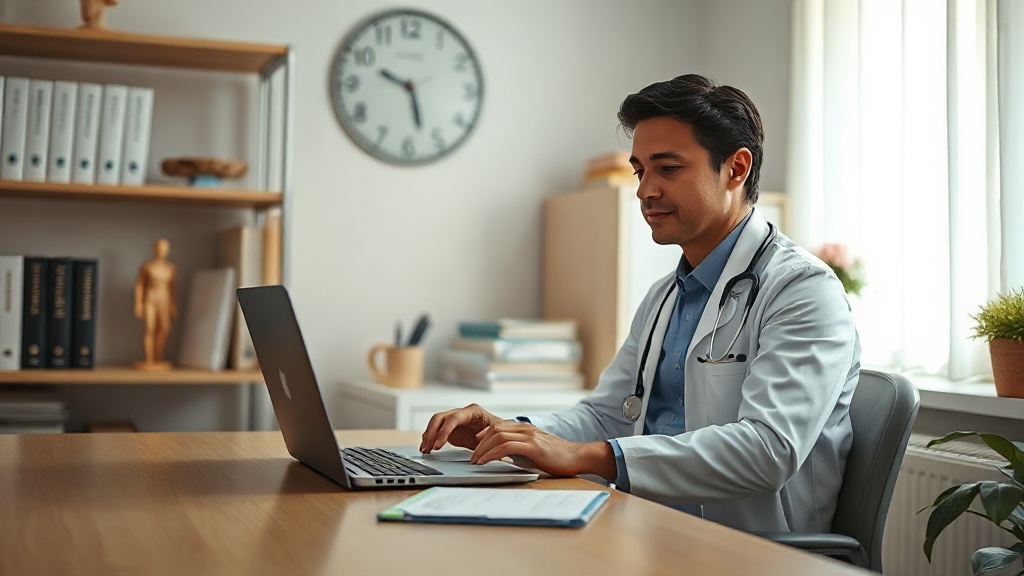 Profissional de saúde em consultório brasileiro revisando artigo sobre medicamentos no computador.