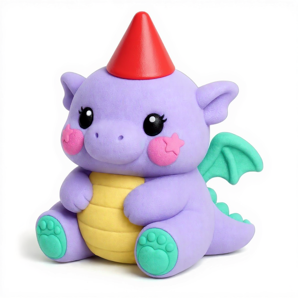 Lavendragon — Lavendragon is a huggable lavender dragon with teal cheek spots, cozy teal paw pads, and a cheerful red party hat.
