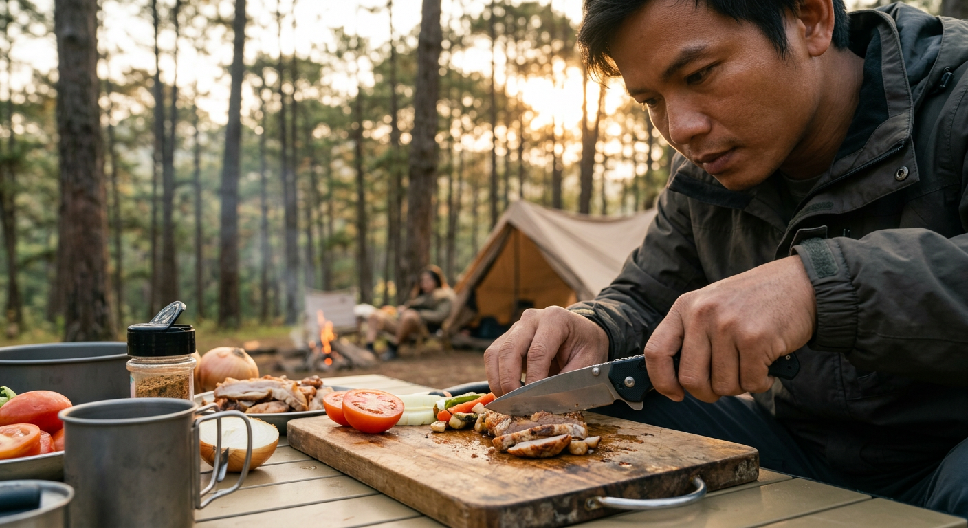 Dao cắm trại xếp sinh tồn đa năng dùng thực tế chuẩn bị thức ăn - ProCamping.vn
