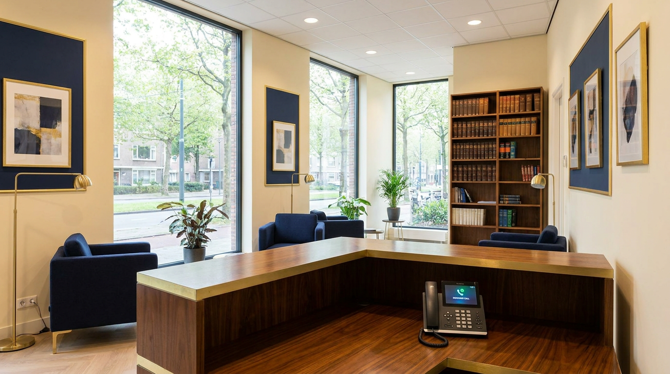 Receptie van een modern advocatenkantoor met een telefoon die overgaat, symbool voor telefonische bereikbaarheid
