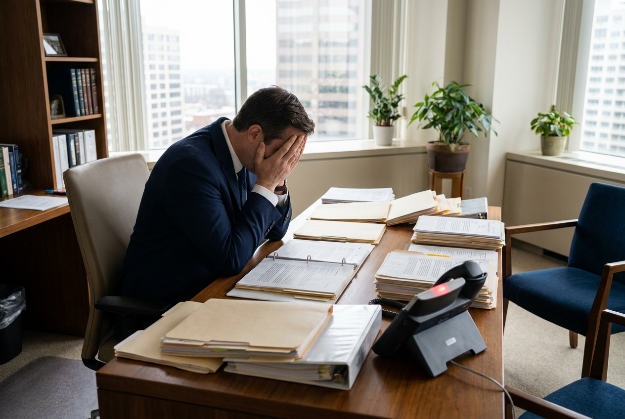Advocaat aan een bureau met stapels dossiers terwijl de telefoon onbeantwoord overgaat