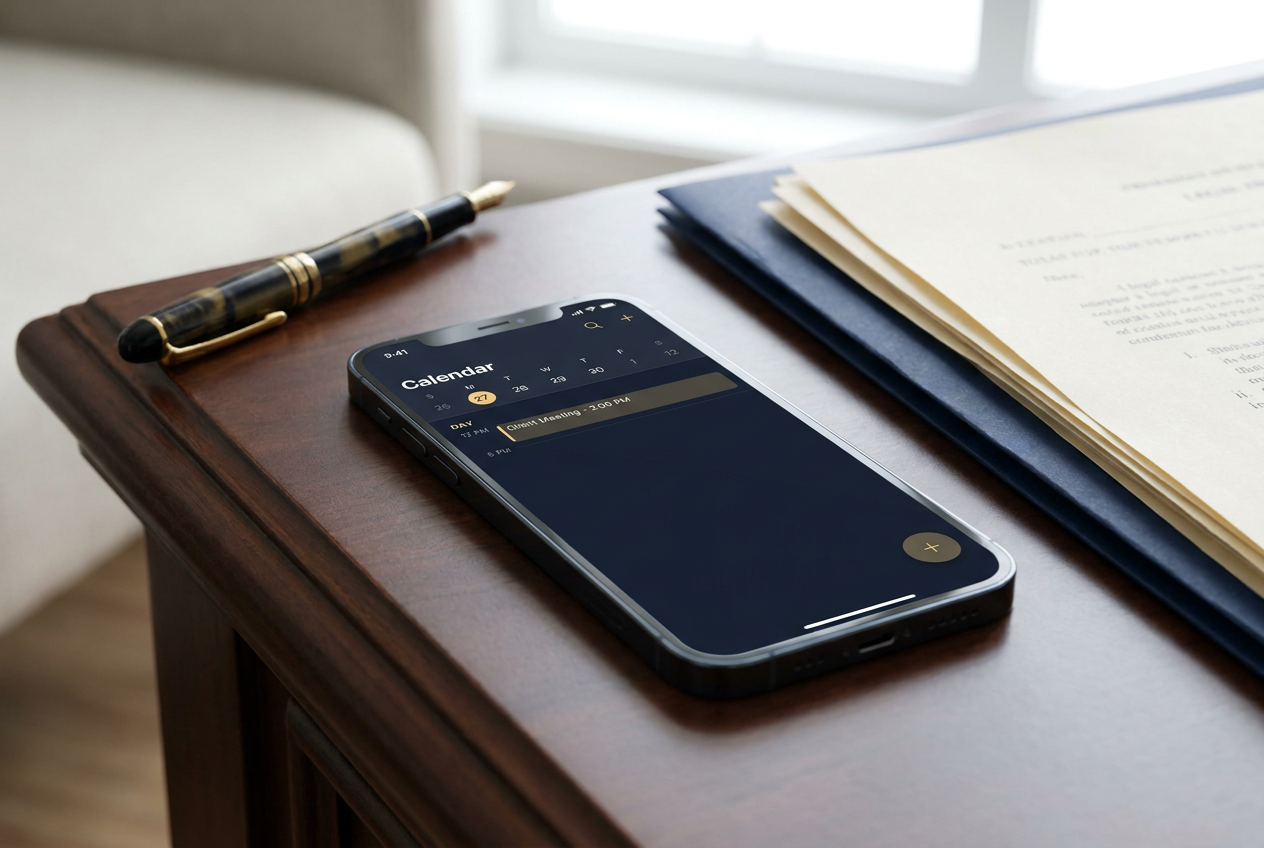 Smartphone met een agenda-app waarin een afspraak is ingepland, op een bureau van een advocatenkantoor