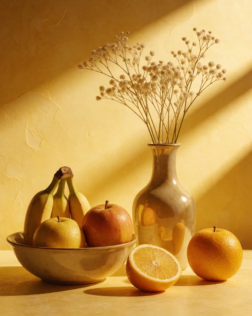 a still life of fruit and a vase