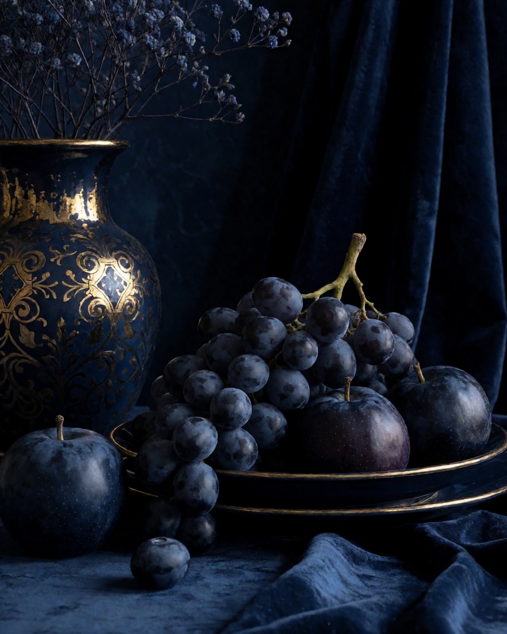 a still life of fruit and a vase