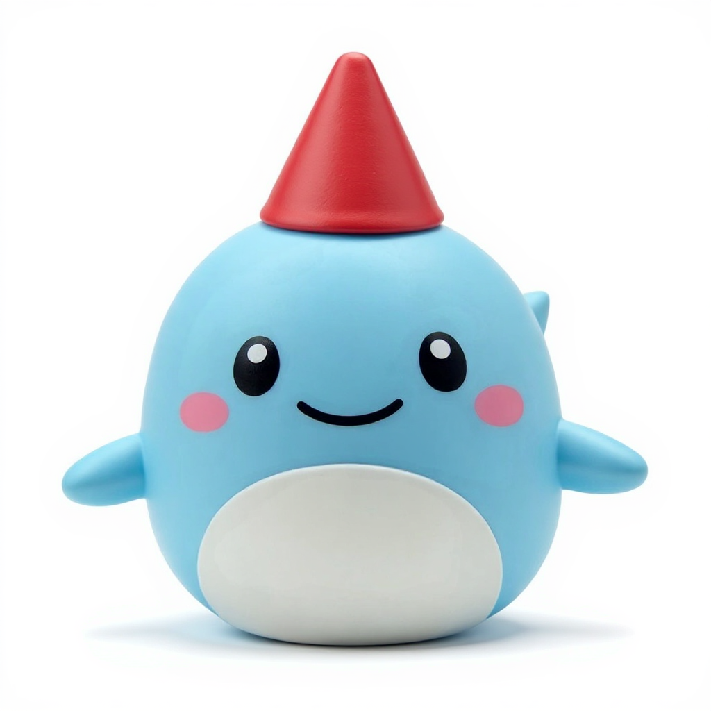 Wally Whale — Wally Whale is a soft, rounded blue squishy pal wearing a tiny red party hat—huggable fun for little hands.
