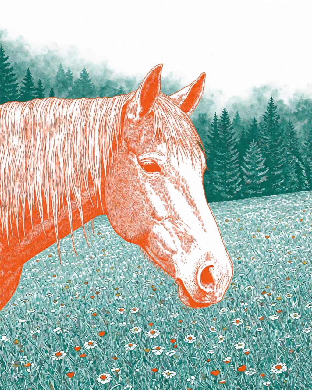 a horse in a misty meadow