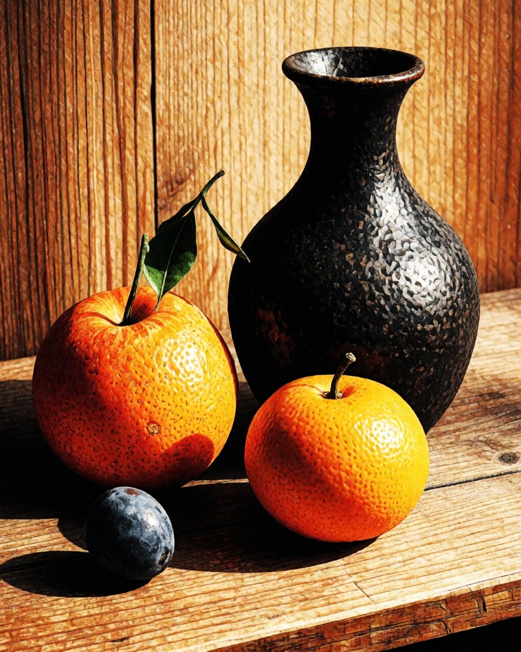 a still life of fruit and a vase