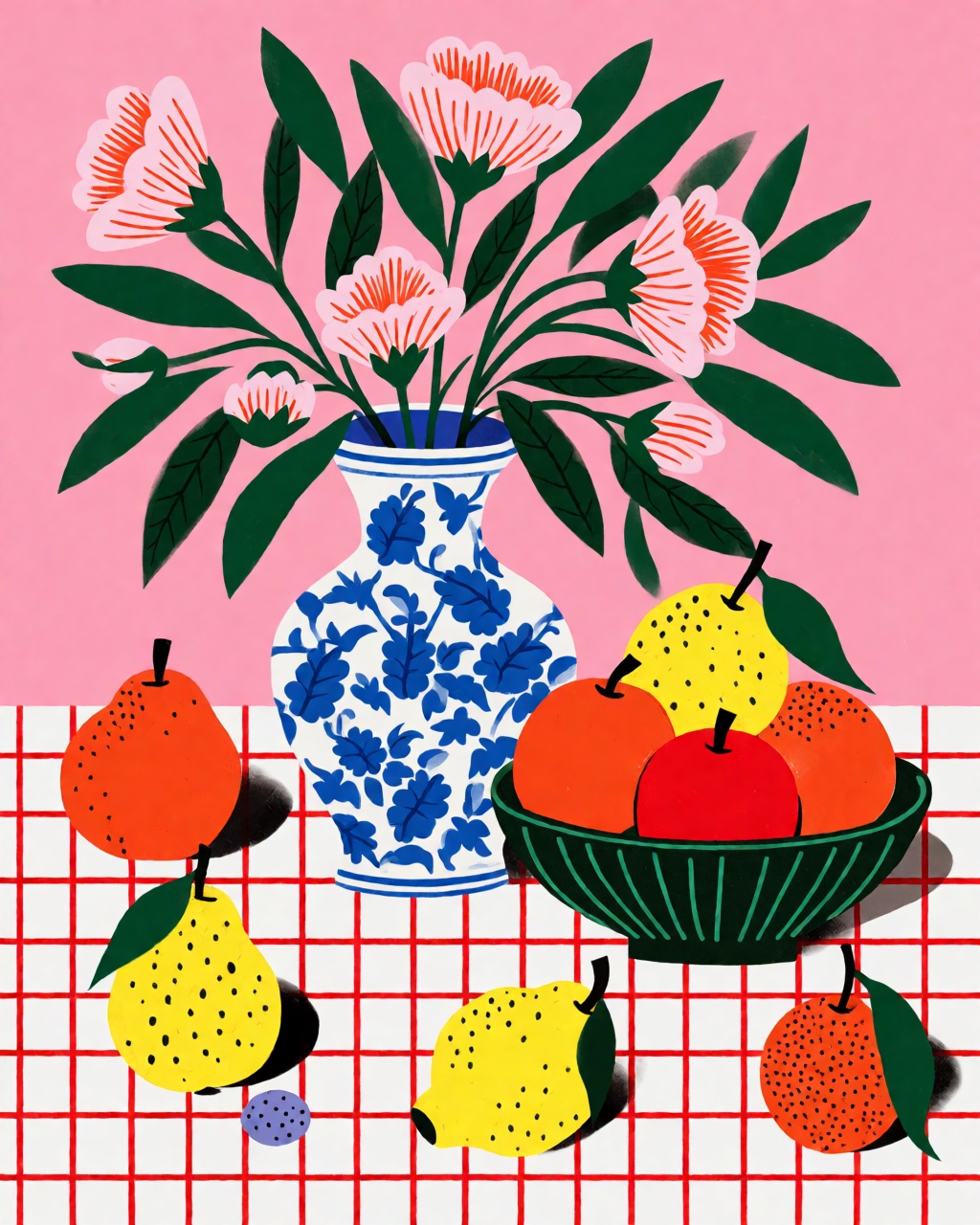 a still life of fruit and a vase