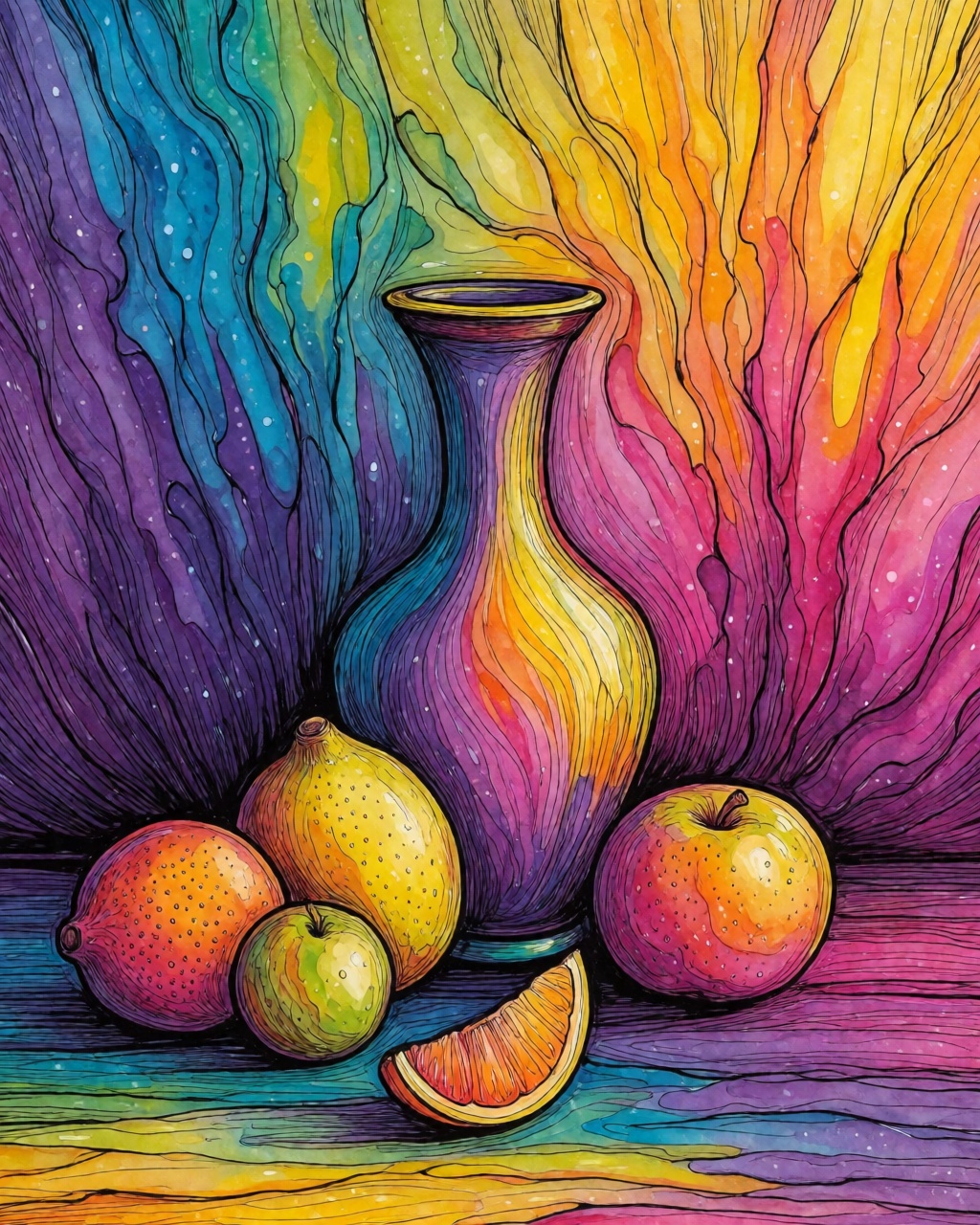 a still life of fruit and a vase