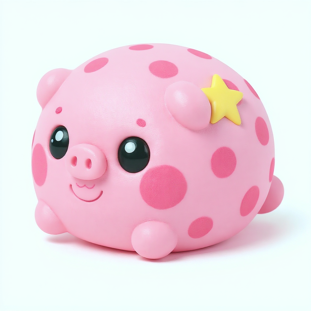 Polka Piglet — Polka Piglet is a rounded, squishy teal-dotted friend with a cute tail and a cheerful yellow star.